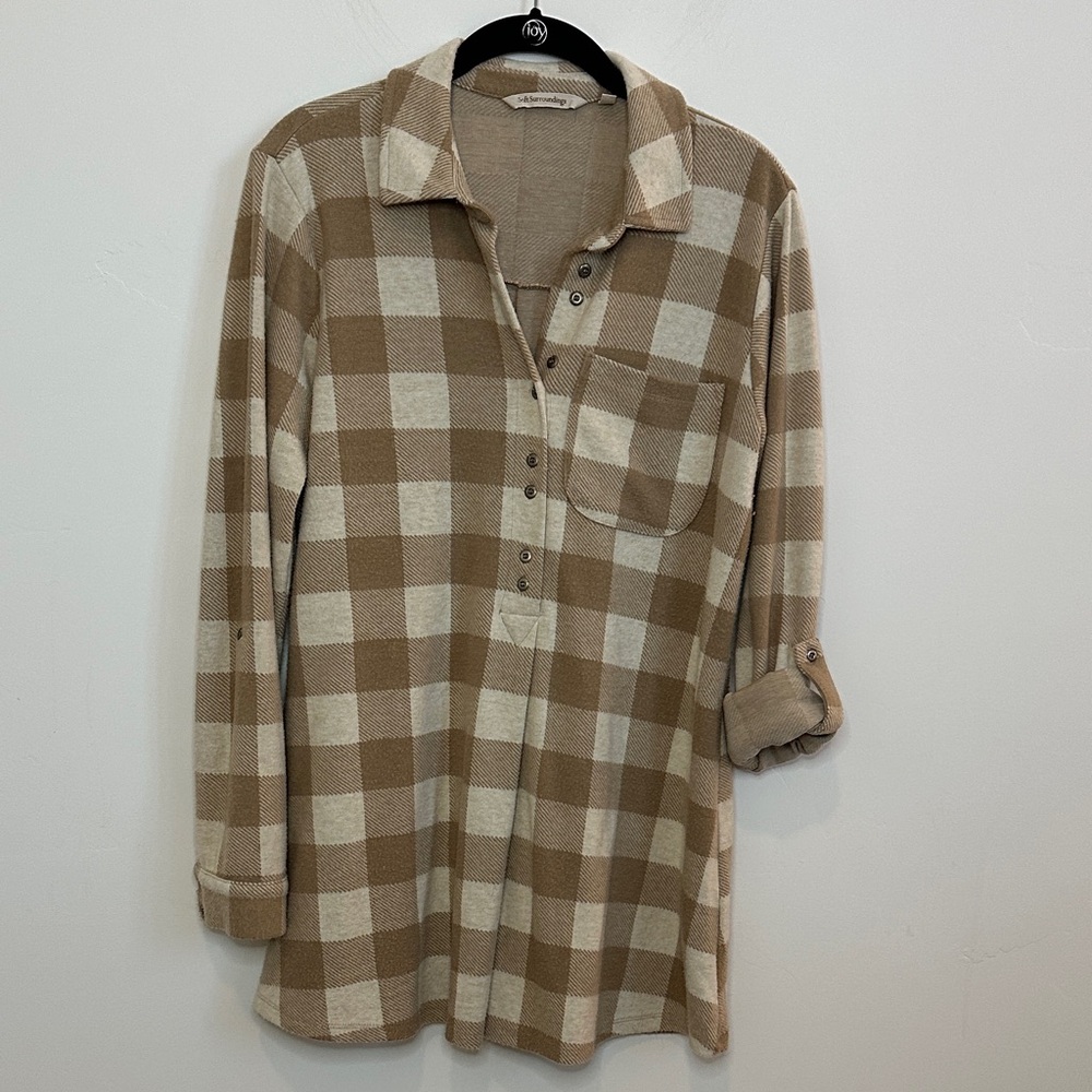 Soft Surroundings Buffalo Check Tunic Shirt, Tan and Cream, Size Small